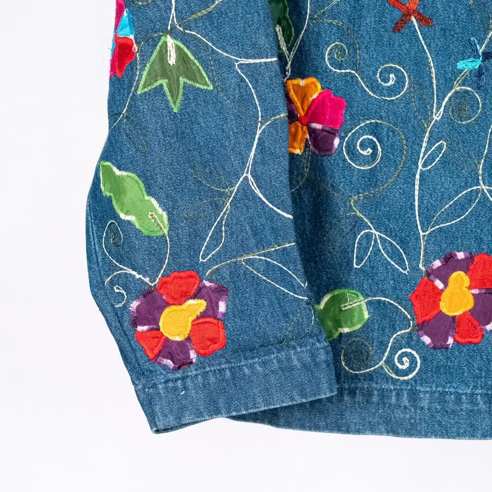 Vintage Women's Denim Jacket LARGE Embroidered Floral Rainbow Colorful Cottage